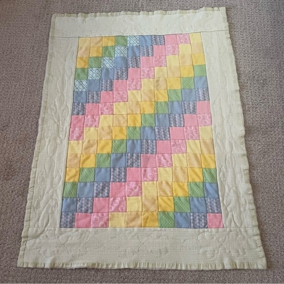Pastel Baby Quilt Handmade Patchwork Satin Edge Crib Blanket Easter Pink Green - Picture 1 of 11